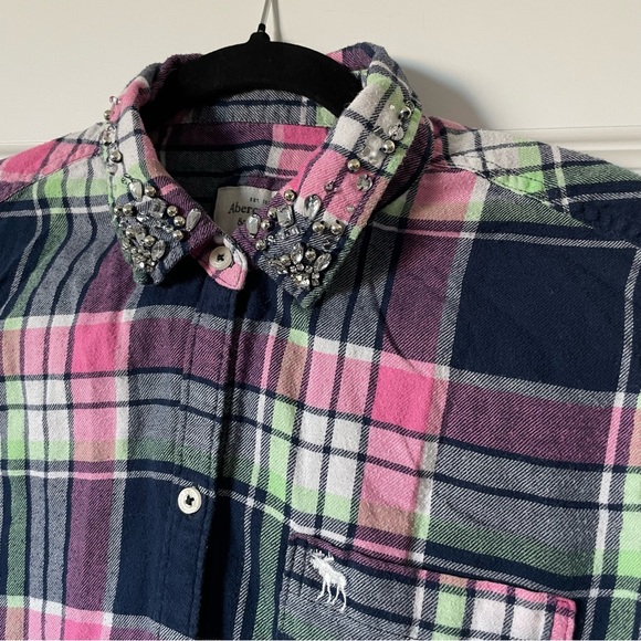 abercrombie and fitch plaid button blouse with beading size medium large - Picture 3 of 4